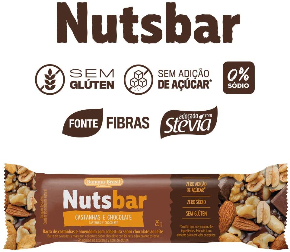 BANANA BRASIL Nuts Bar Castanhas e Chocolate 12 Unidades de 25g Translation missing: pt-BR.activerecord.decorators.item_part_image/alt
