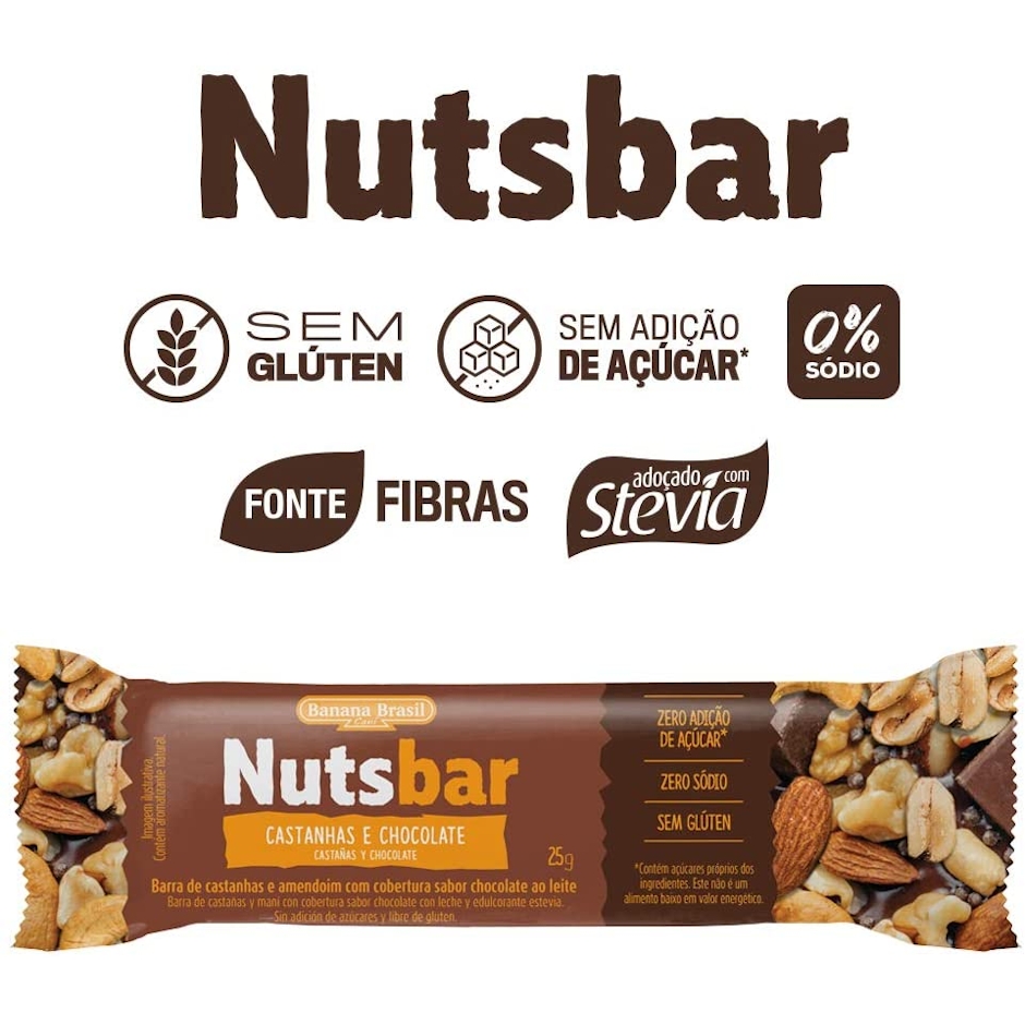 BANANA BRASIL Nuts Bar Castanhas e Chocolate 12 Unidades de 25g Translation missing: pt-BR.activerecord.decorators.item_part_image/alt