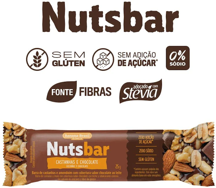 BANANA BRASIL Nuts Bar Castanhas e Chocolate 12 Unidades de 25g Translation missing: pt-BR.activerecord.decorators.item_part_image/alt