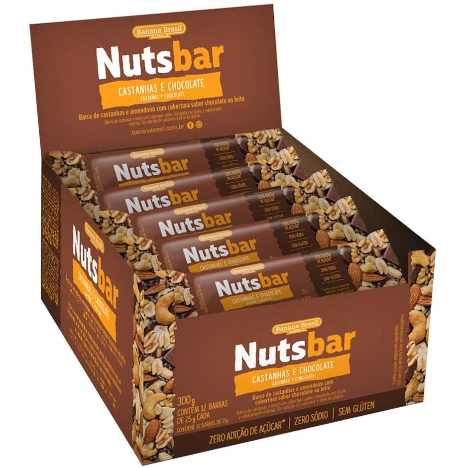 BANANA BRASIL Nuts Bar Castanhas e Chocolate 12 Unidades de 25g Translation missing: pt-BR.activerecord.decorators.item_part_image/alt