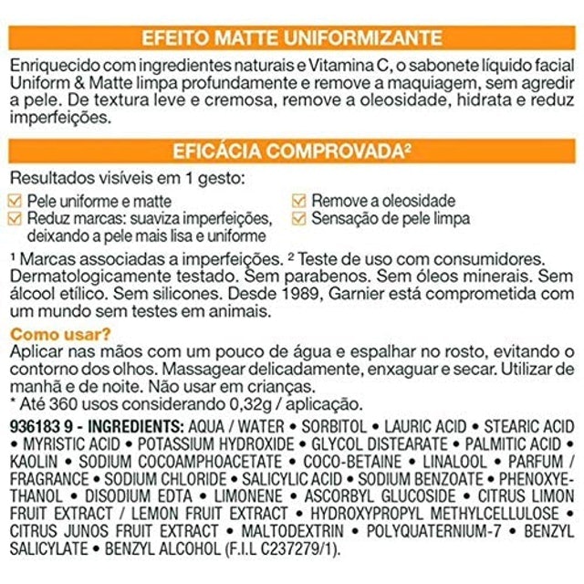 GARNIER Sabonete Líquido Facial SkinActive Uniform & Matte Translation missing: pt-BR.activerecord.decorators.item_part_image/alt