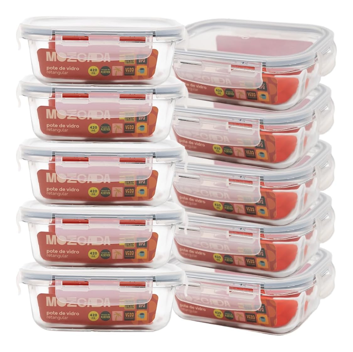 Kit 10 Potes de Vidro Marmita Hermético com Trava Retangular 1