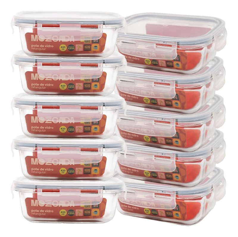 Kit 10 Potes de Vidro Marmita Hermético com Trava Retangular 1