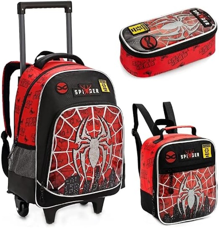 Kit Mochila Escolar Infantil com Rodinhas Spider 3 em 1 – Mochila + Lancheira Térmica + Estojo 1