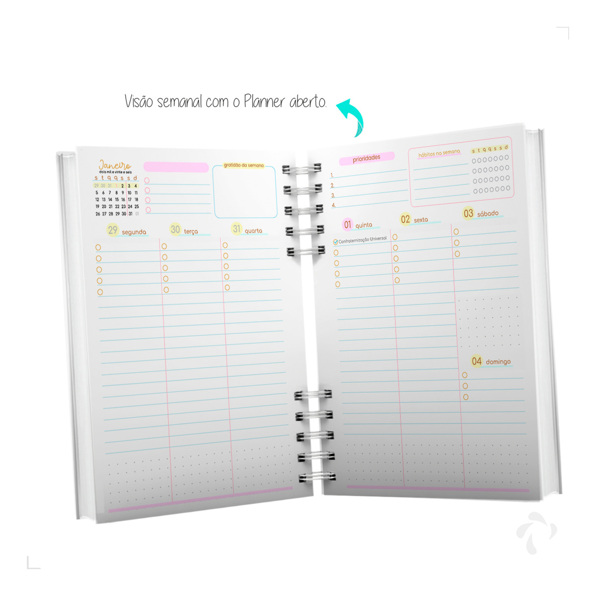 Planner Visão Semanal e Mensal Capa Dura Hi Hello Pink 3