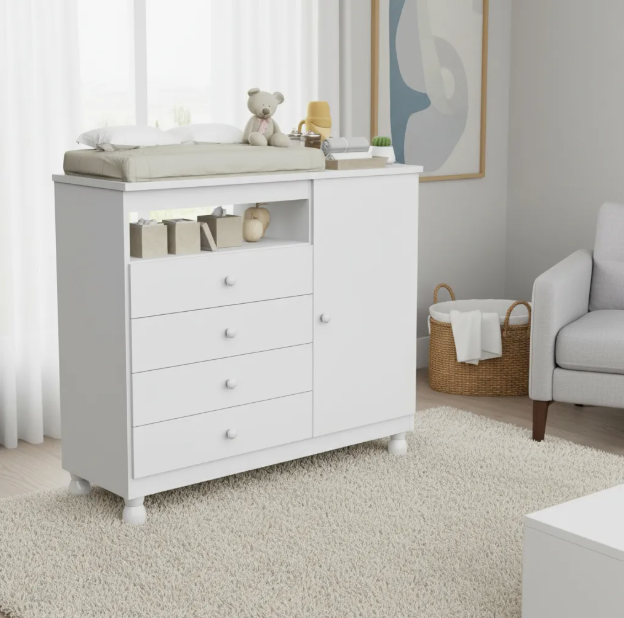 Cômoda Infantil Baby Bela – Sapateira com 4 Gavetas e Colchão Trocador Impermeável 1