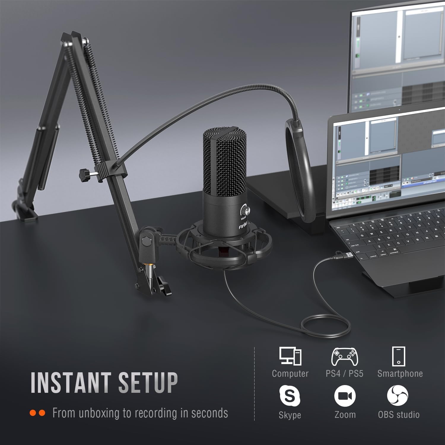 Microfone Condensador USB com Suporte de Braço Articulado 5