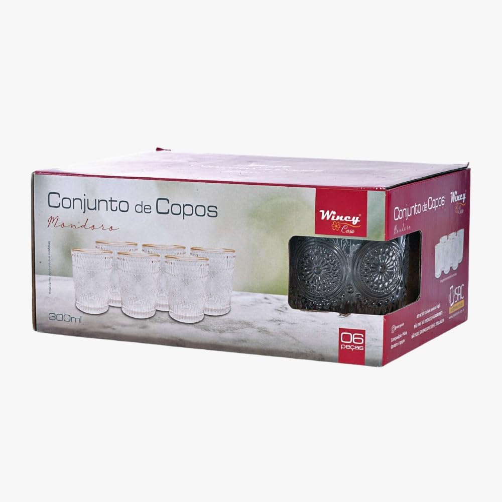 Conjunto 6 Copos Mondoro de Vidro 300 ml com Fio de Ouro 4