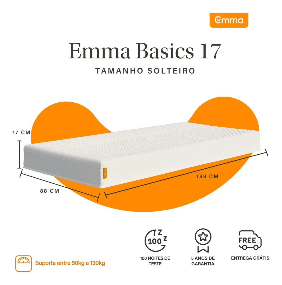 Colchão Solteiro Emma Basics 17 x 88 x 188 cm Espuma D28 2