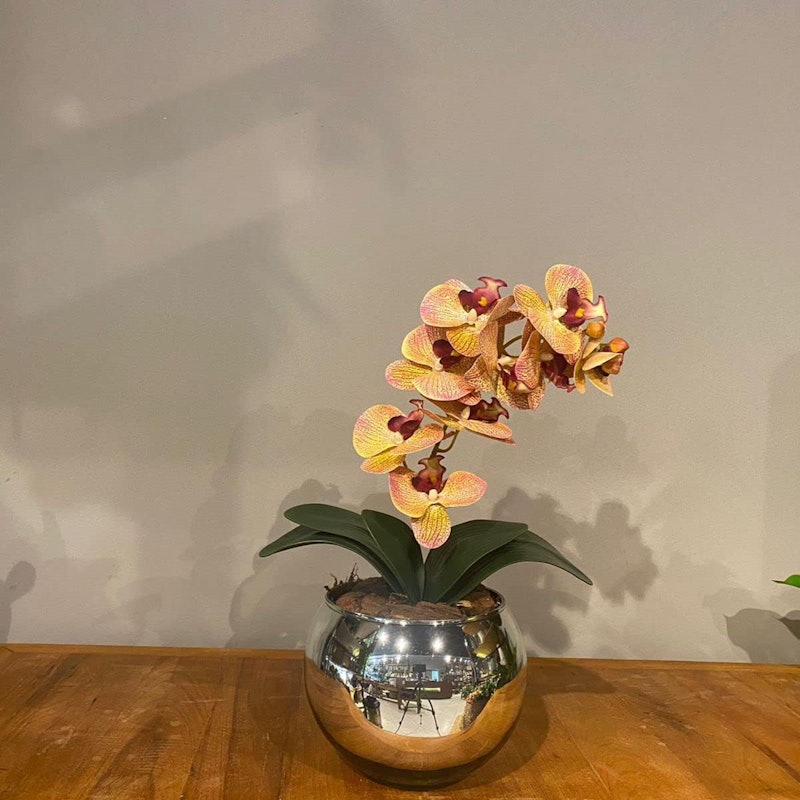 Orquídea Tigre Rosa Artificial Arranjo no Vaso Espelhado 3