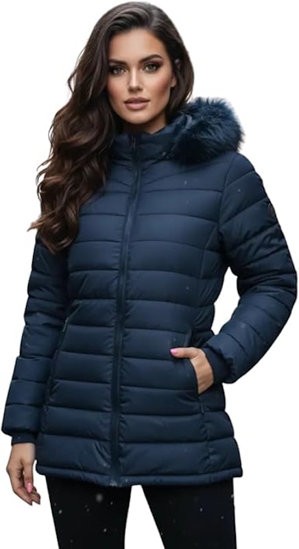 Jaqueta Feminina Puffer Alongada com Capuz Peluciado Frio 1