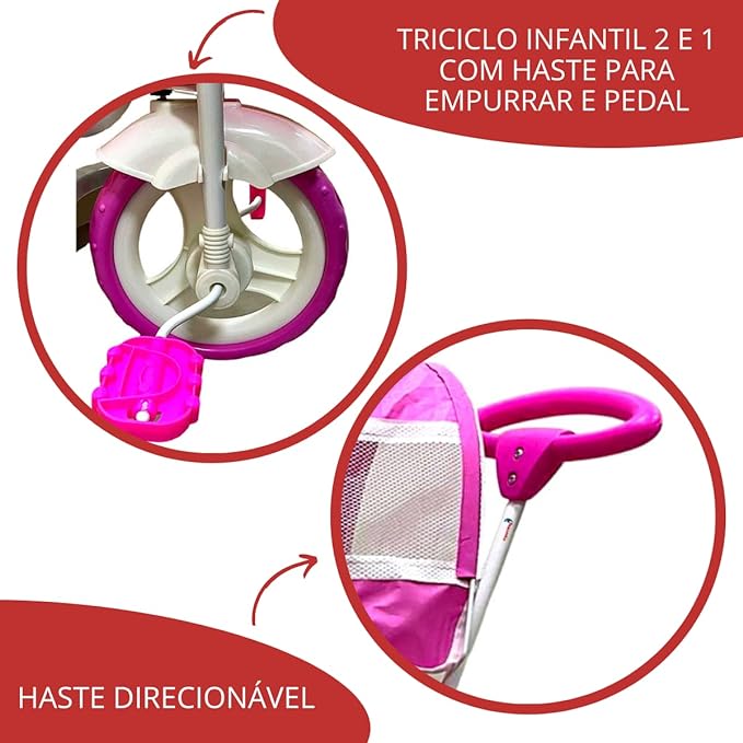 Triciclo Infantil 2 em 1 Rosa 4
