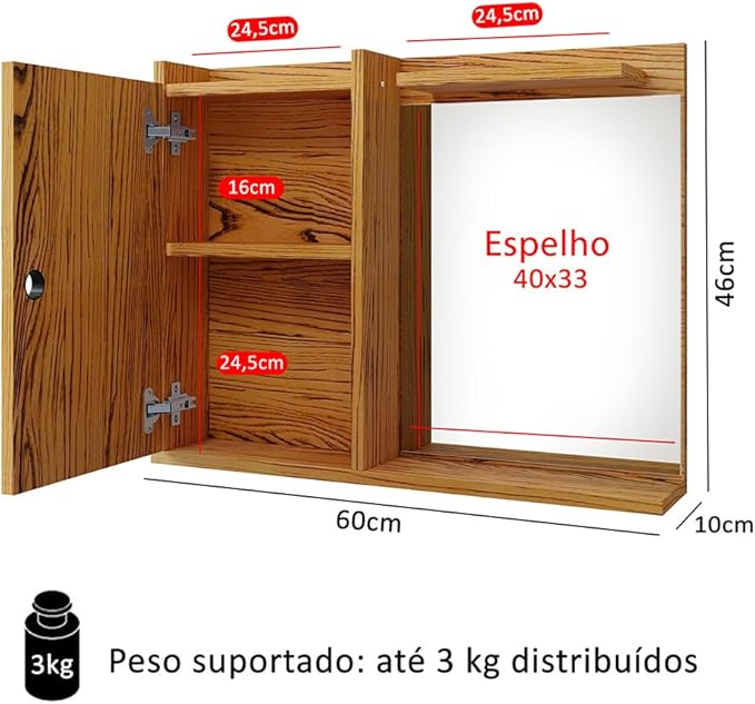Armário Parede Banheiro Suspenso 1 Porta Espelheira Madri 3