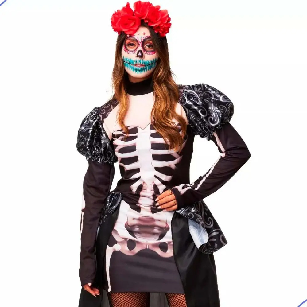 Fantasia Halloween Feminina Caveira Mexicana Manga Longa com Ossos 4