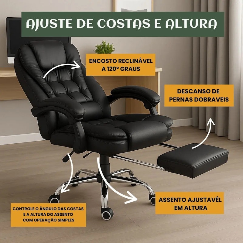 Cadeira de Escritório Itália Presidente Ergonômica Couro Sintético LuvinCo 3