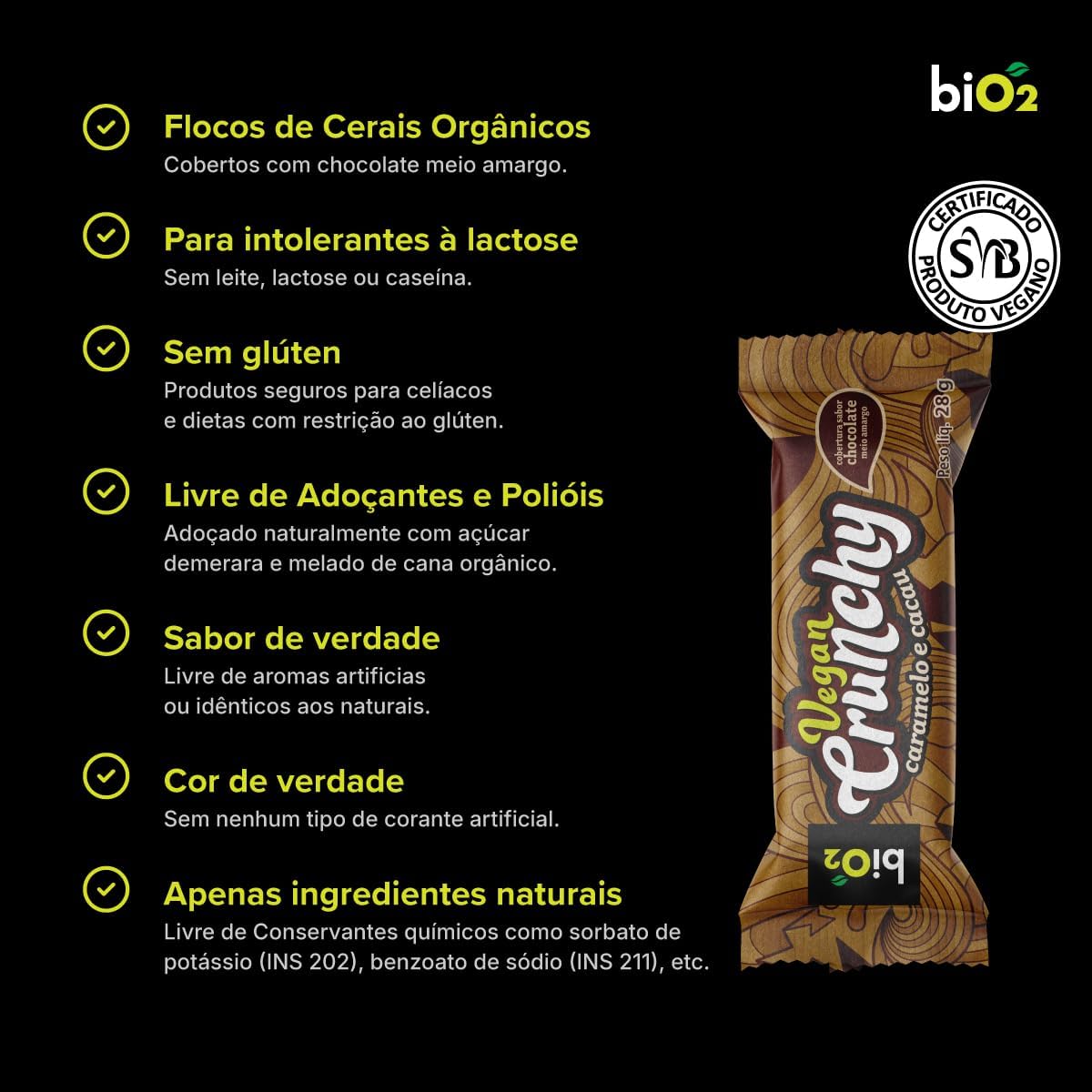 Barra de Cereais Sabor Caramelo e Cacau biO2 Vegan Crunchy 5