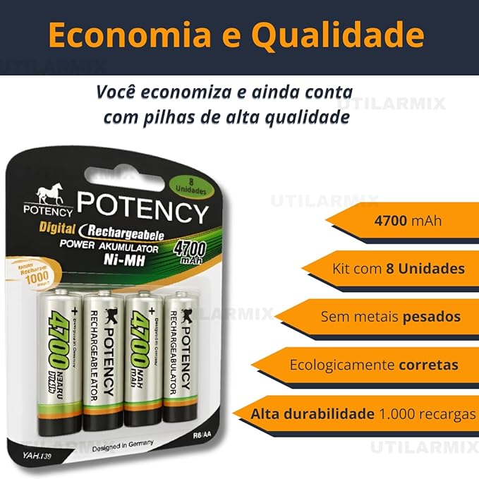 Kit 8 Pilhas Recarregáveis AA 4700 mAh 2