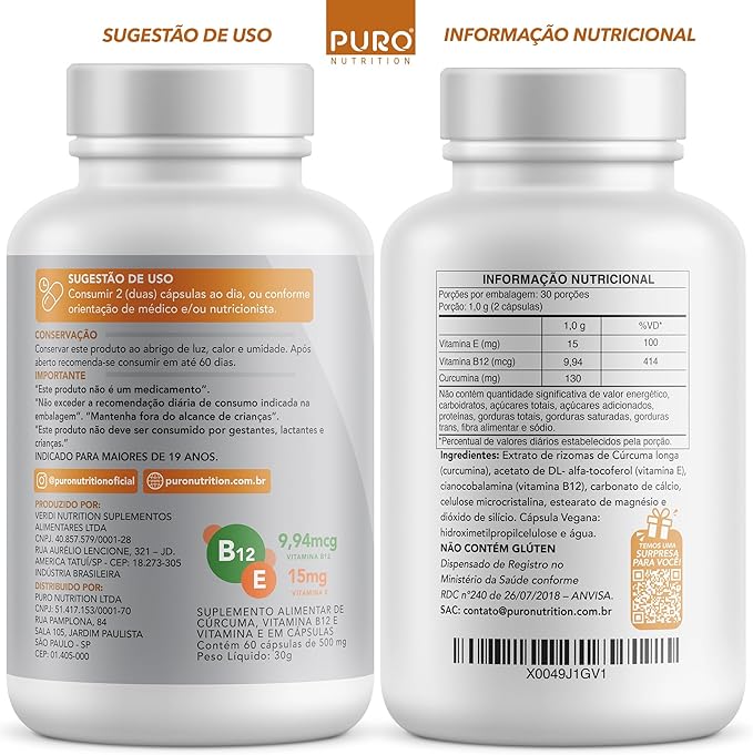 Cúrcuma em Cápsulas 130 mg com Vitamina B12 + Vitamina E 2