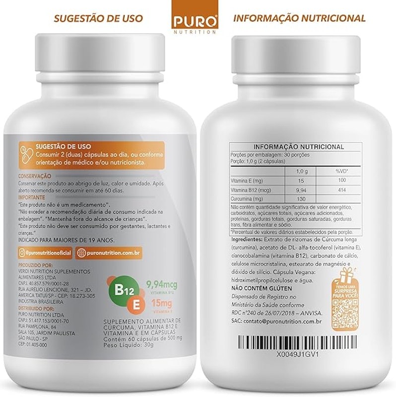 Cúrcuma em Cápsulas 130 mg com Vitamina B12 + Vitamina E 2