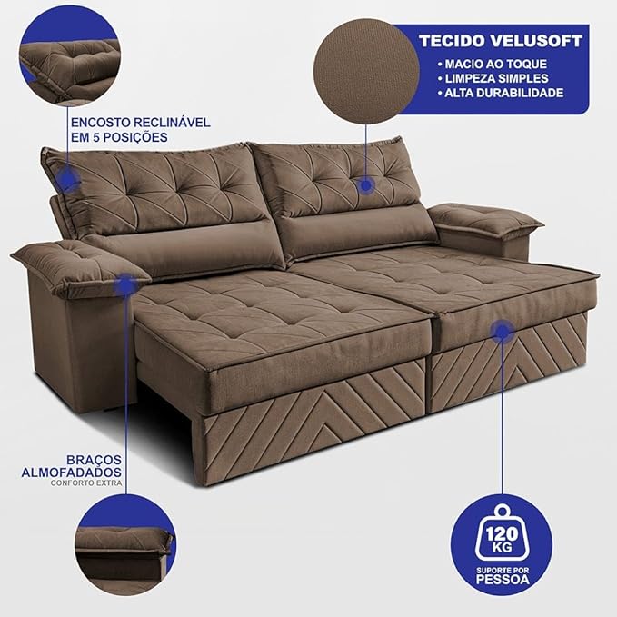 Sofá Retrátil e Reclinável 2,40 m com Molas e Espuma D33 Thunder 3