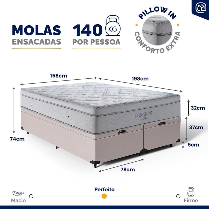 Cama Box Baú com Colchão de Molas Ensacadas D33 Ortobom Pillow In Freedom 2