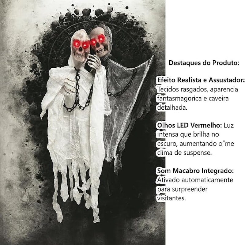 Kit 2 Caveiras Suspensas Fantasmas Preto e Branco com Luz LED Vermelha 2