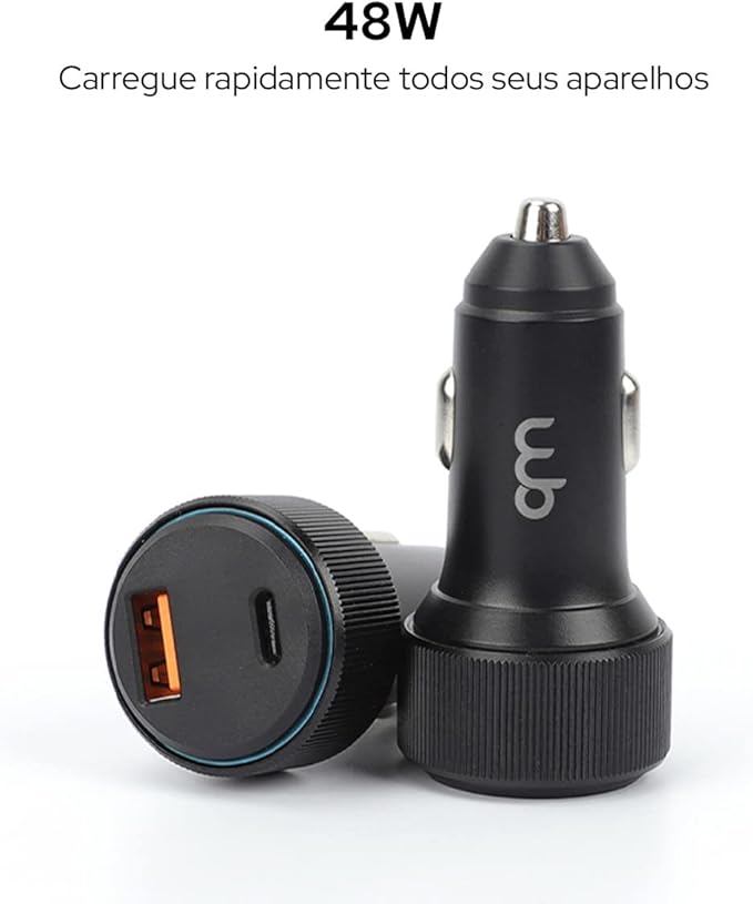 Carregador USB-C e USB-A Rápido Veicular com Duas Entradas 48 W 2