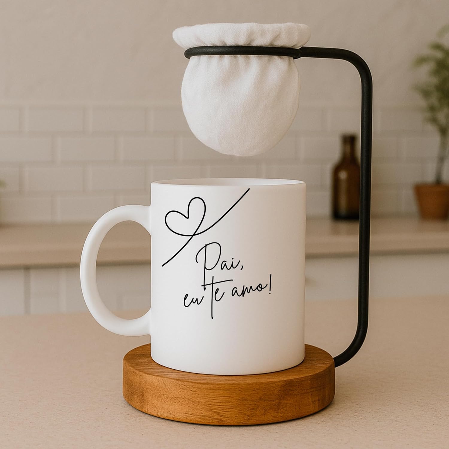 Kit Caneca Pai Eu Te Amo com Coador de Café e Base em Madeira 2