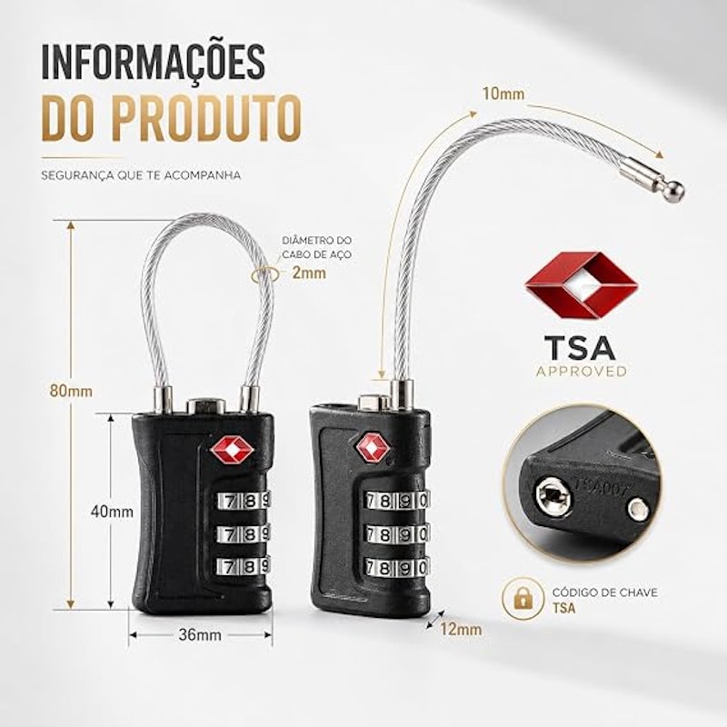 Cadeado TSA com Senha Segredo com Cabo de Aço 2