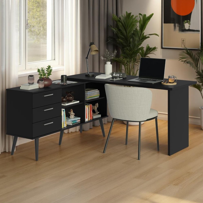 Escrivaninha em L Mesa para Computador Gamer 3 Gavetas Preto Lisboa Madesa 1