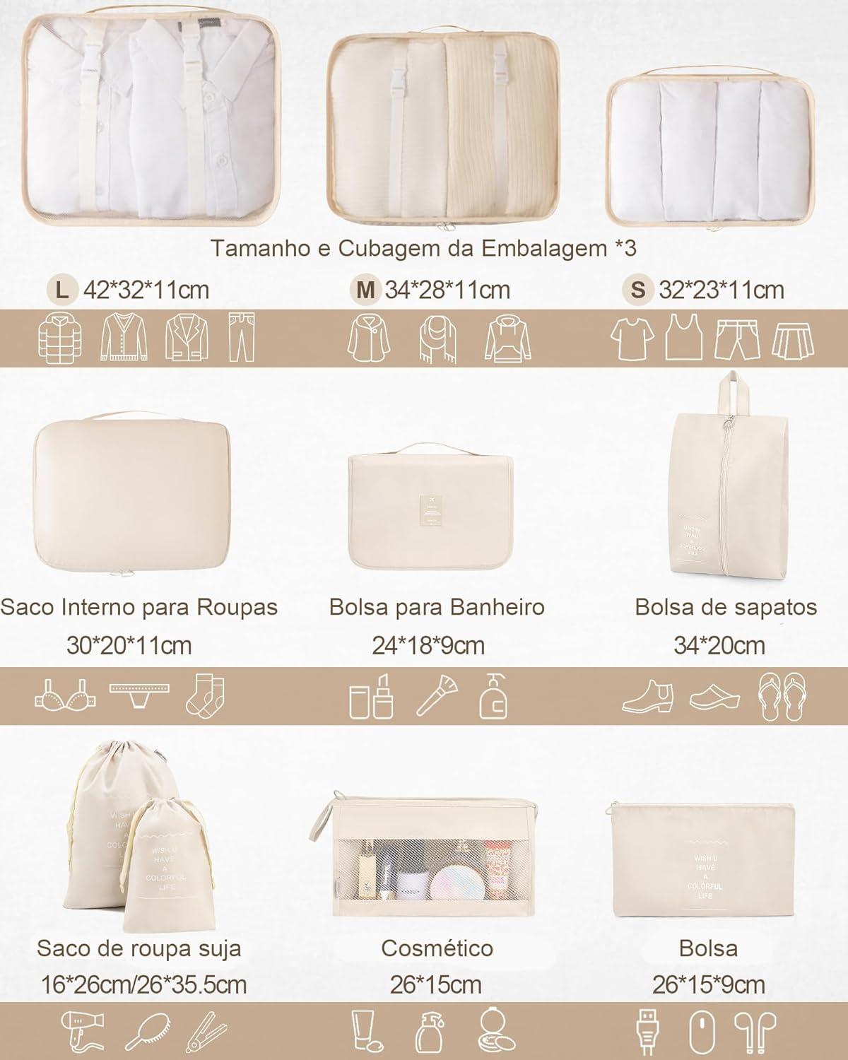 Kit 10 Nécessaires Organizadores de Malas para Viagem 2