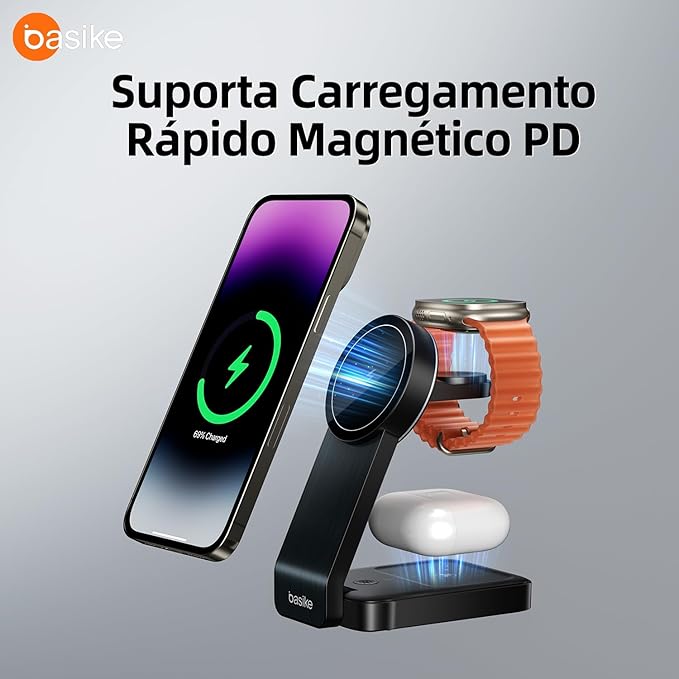 Carregador por Indução Basike Ba 3 em 1 Carga Rápida Magnético sem Fio 4