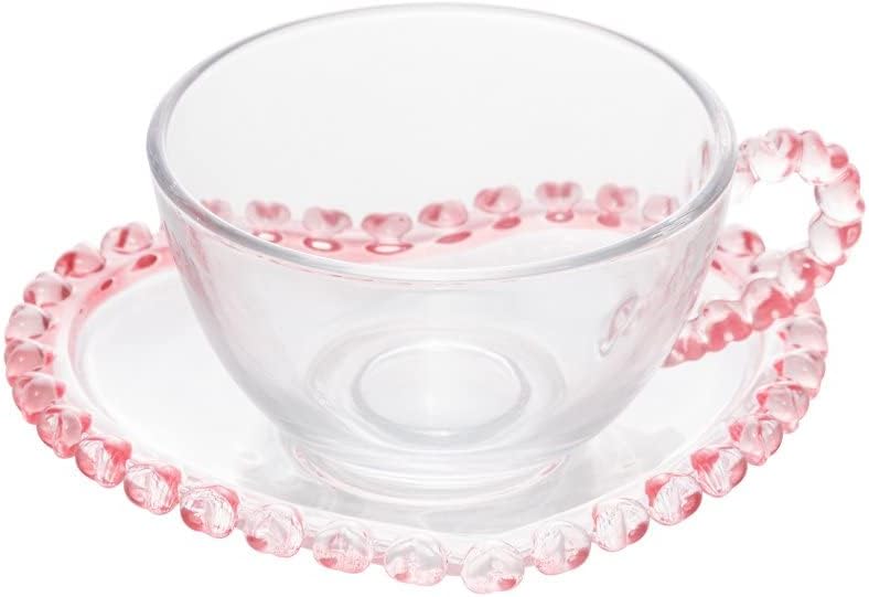 Xícara de Chá de Cristal com Pires Coração Borda Rosa  1