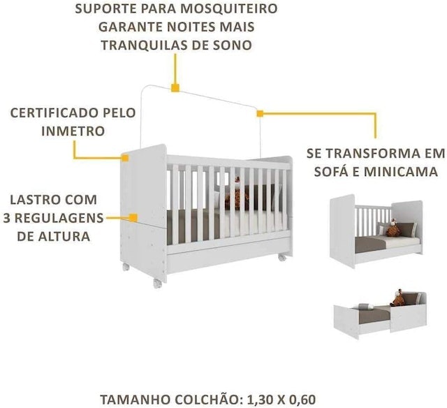 Berço Americano 3 em 1 com Rodízios para Colchão 70 x 130 cm Pimpolho 4