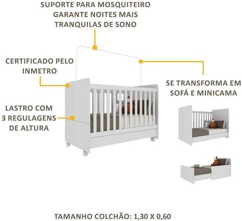 Berço Americano 3 em 1 com Rodízios para Colchão 70 x 130 cm Pimpolho 4