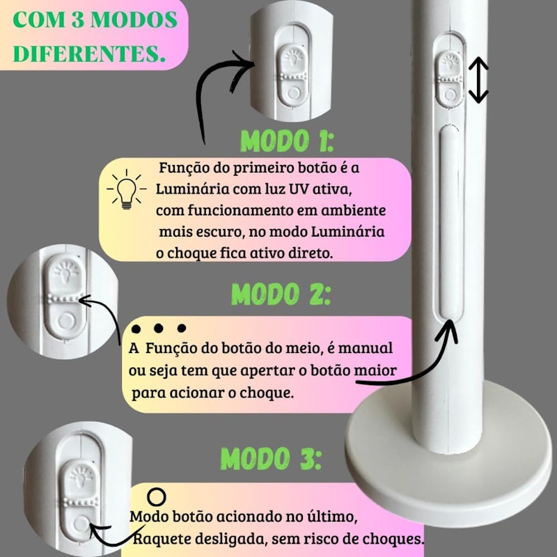 Raquete Elétrica Recarregável com Luz UV 2