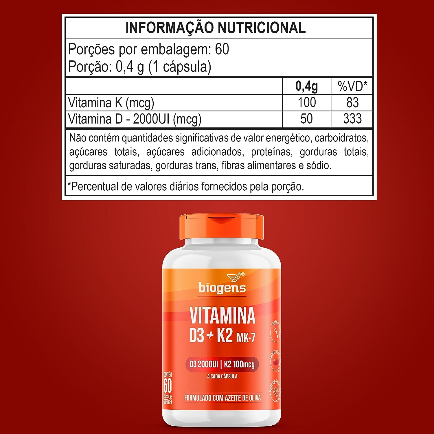 Vitamina D3 + K2 MK7 2000 UI 100 mcg Bigens 5