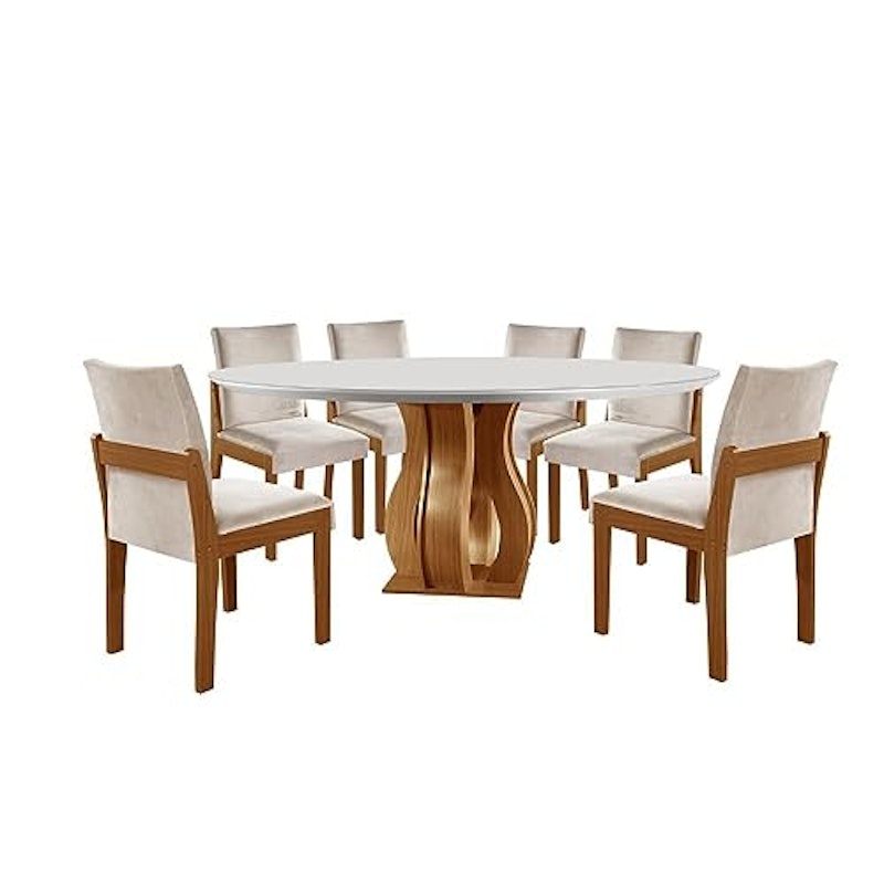 Conjunto Sala de Jantar Mesa Nuance Redonda Tampo Vidro com 6 Cadeiras Mônaco 1