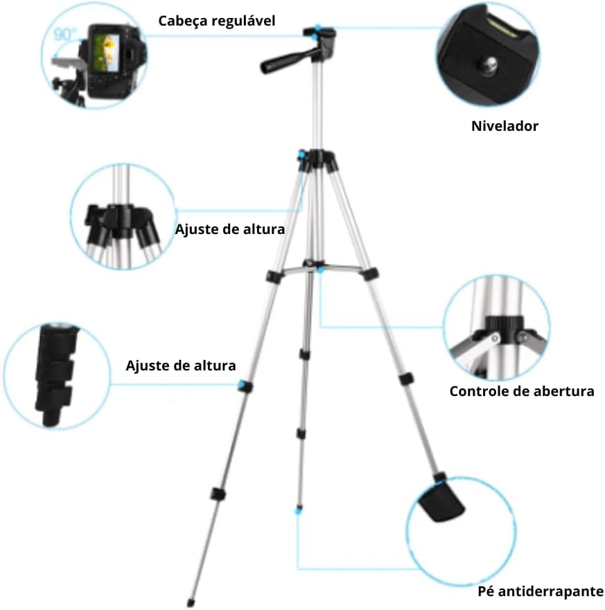 Tripé Profissional Universal para Celular e Câmera 1,3 m com Bolsa de Transporte Oberon 4