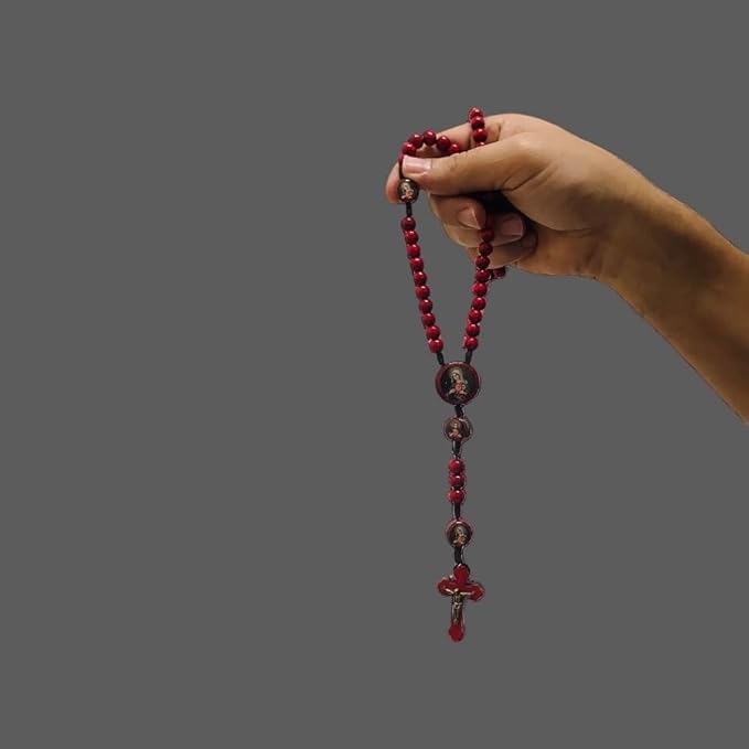 Terço Madeira Vermelho Coração Jesus/Maria  3