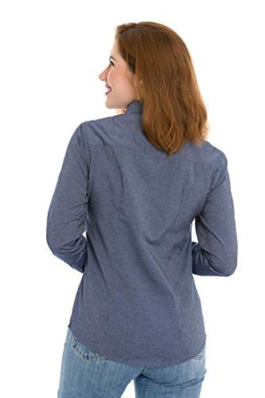 Camisa Social Feminina Olimpo Maquinetada Manga Longa Azul 2