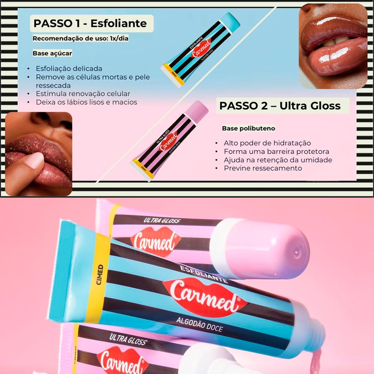 Carmed Kit SOS Lábios Esfoliante + Ultra Gloss Brilho Aroma Algodão Doce 2