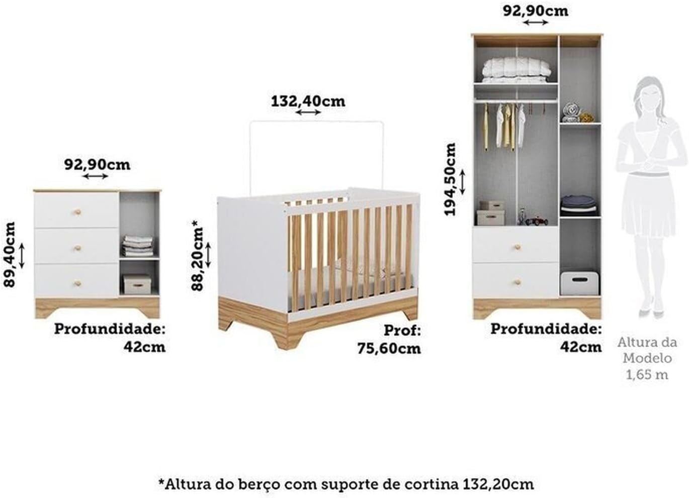 Quarto de Bebê Completo Guarda-Roupa e Cômoda com Janelas e Berço 100% MDF Ravy 2