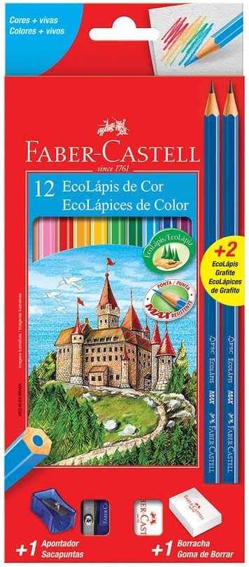Kit Escolar Lápis de Cor Sextavado + 2 Lápis Max + Apontador + Borracha 1