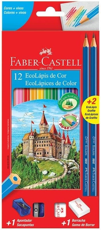 Kit Escolar Lápis de Cor Sextavado + 2 Lápis Max + Apontador + Borracha 1