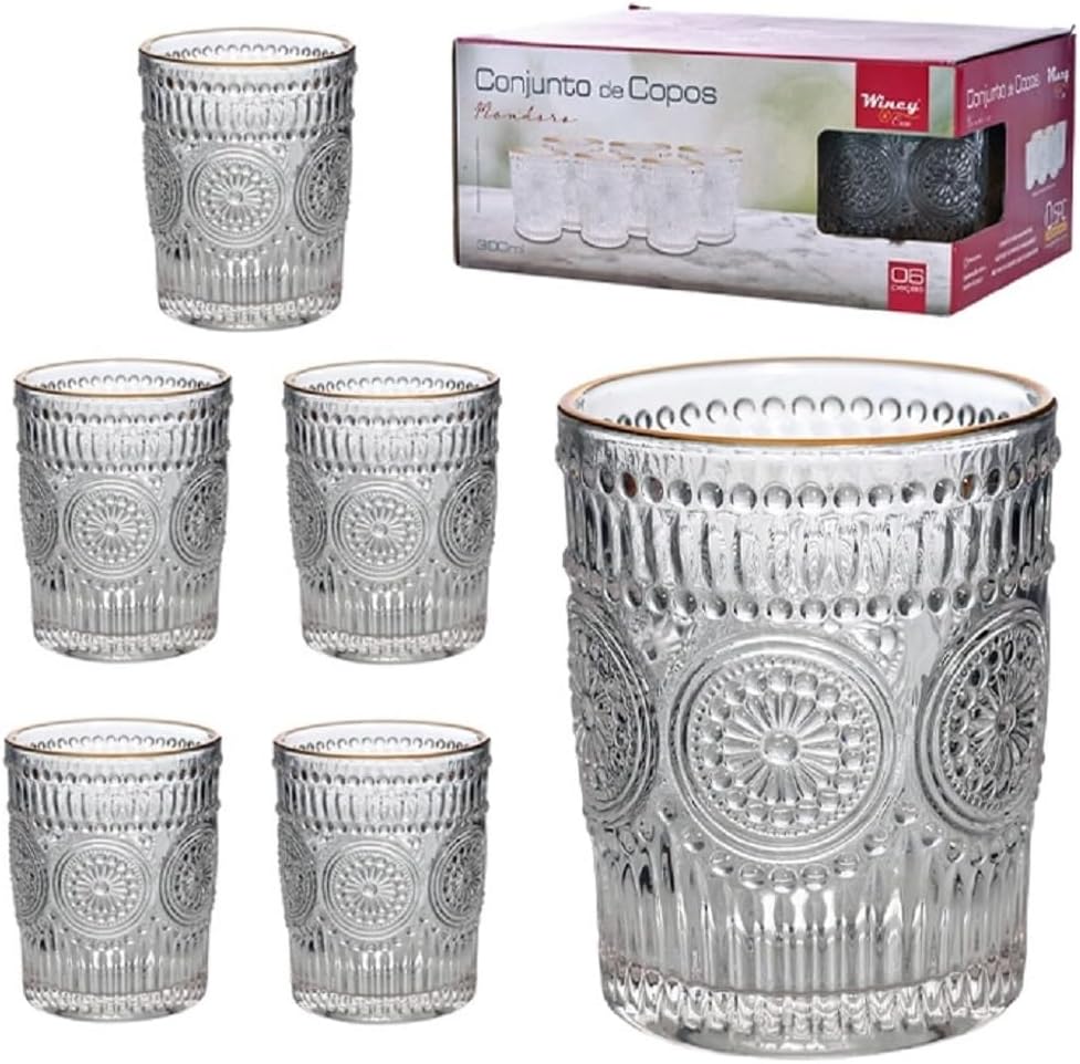 Conjunto 6 Copos Mondoro de Vidro 300 ml com Fio de Ouro 1