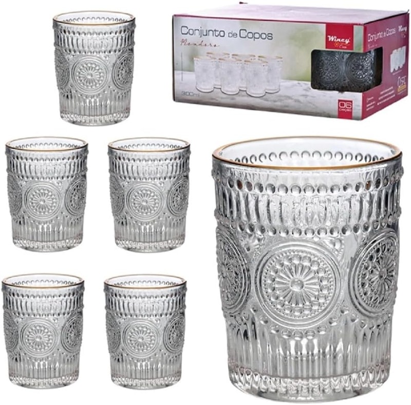 Conjunto 6 Copos Mondoro de Vidro 300 ml com Fio de Ouro 1