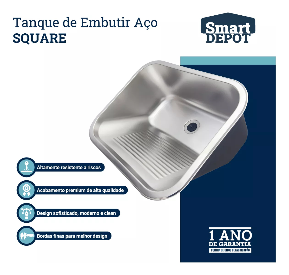 Tanque Lavanderia Aço Inox Escovado 55x45 com Válvula 3
