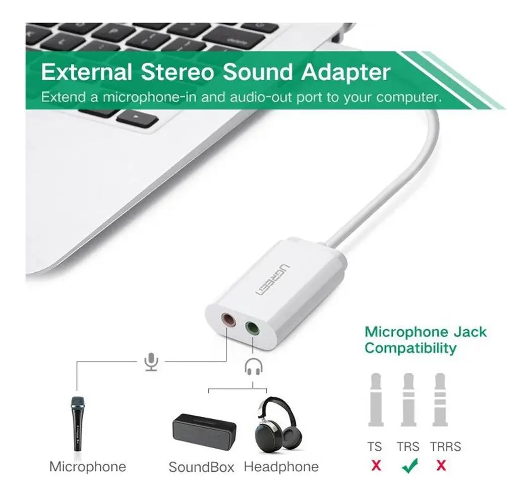 Adaptador de Áudio Externo Ugreen 2 em 1 USB 2.0 4