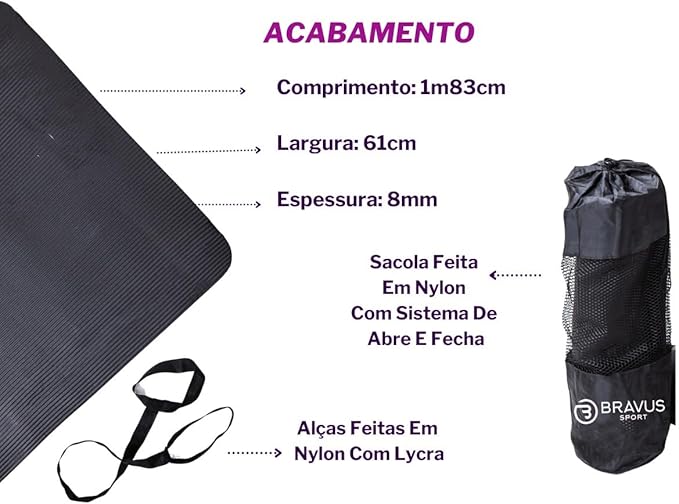 Tapete de Yoga e Exercício Confort Preto em NBR e Bolsa 2